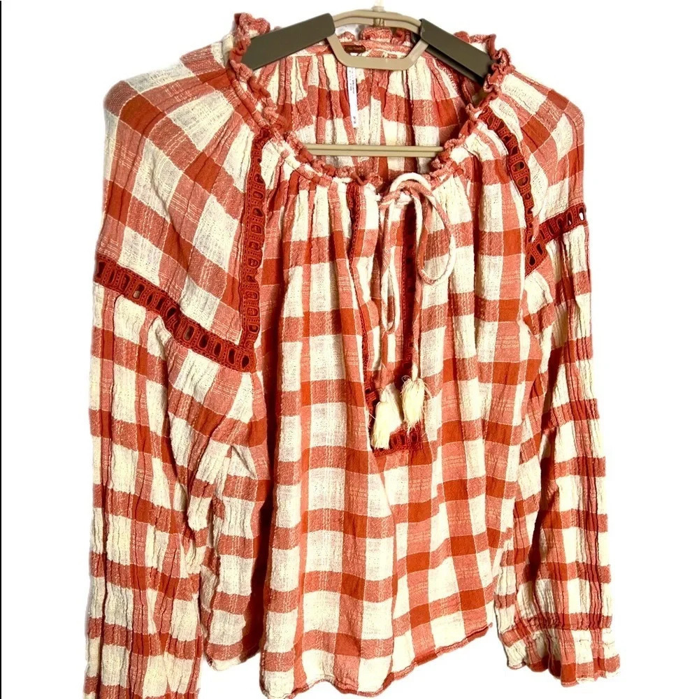 Free People Womens Honey Grove Top, Burnt Orange/White, size medium checked